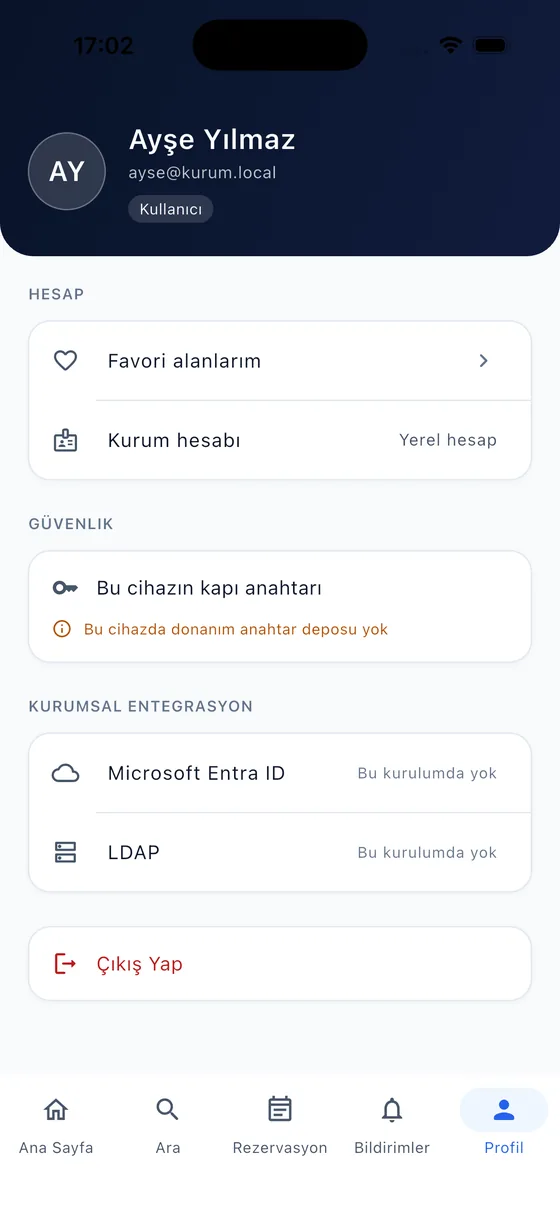 Profil ekranı: kurum hesabı ve entegrasyon durumu